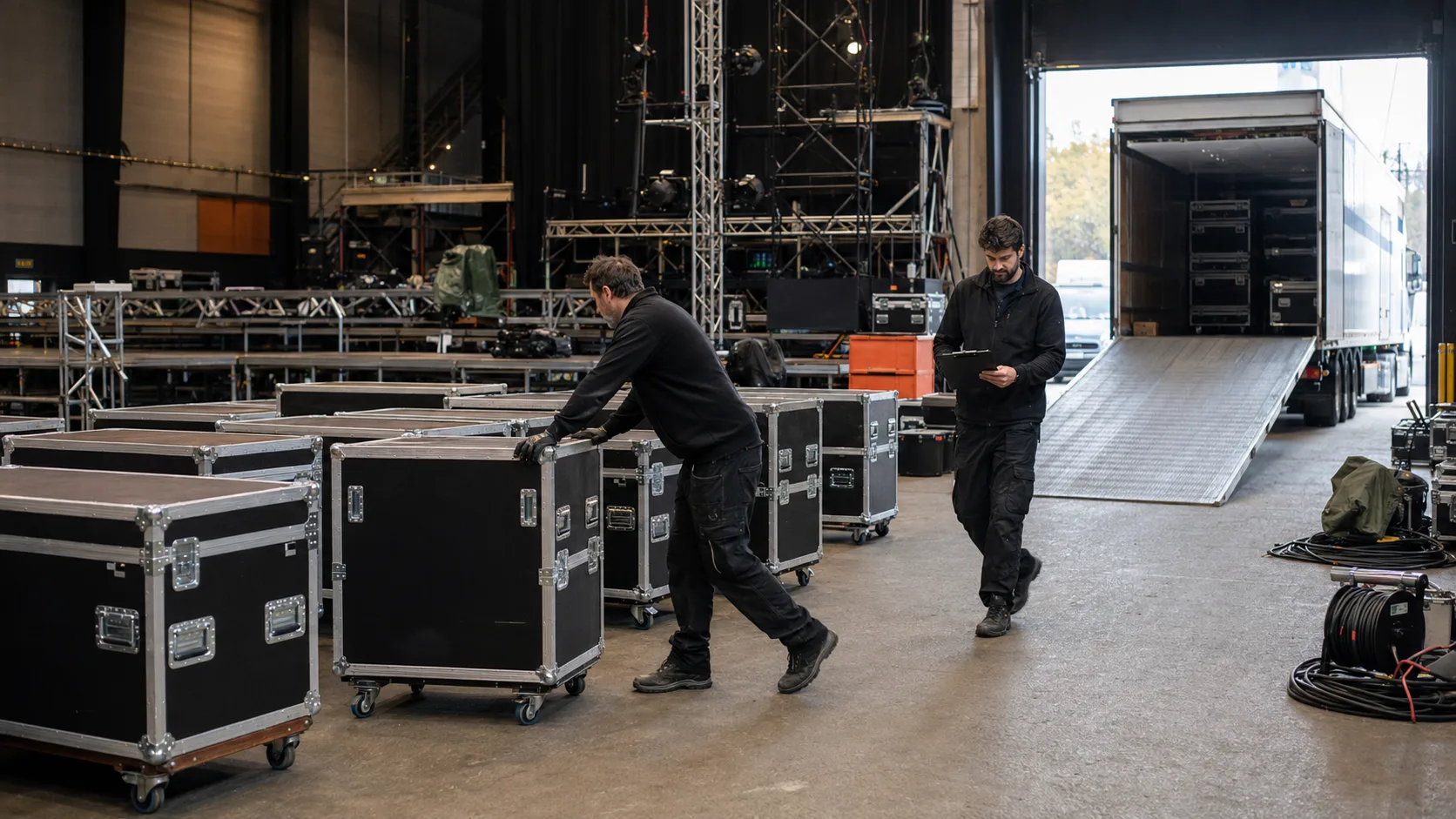 Techniciens déplaçant des flight cases lors du montage d'un événement, semi-remorque en cours de déchargement à quai