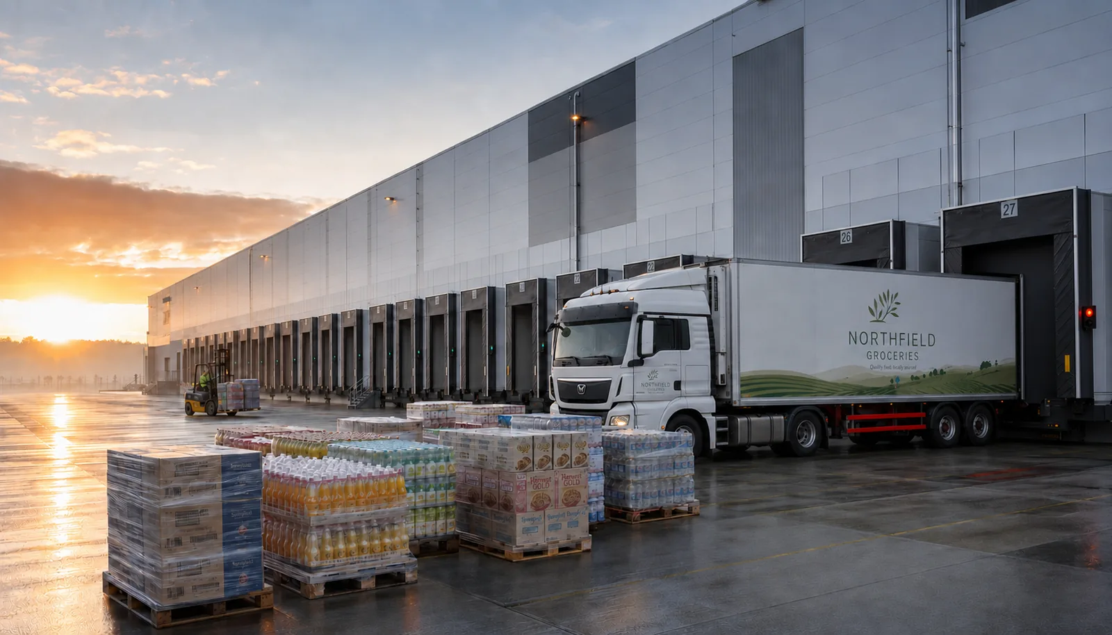 Quai d'expédition d'un centre de distribution alimentaire à l'aube, palettes préparées avant chargement dans le camion