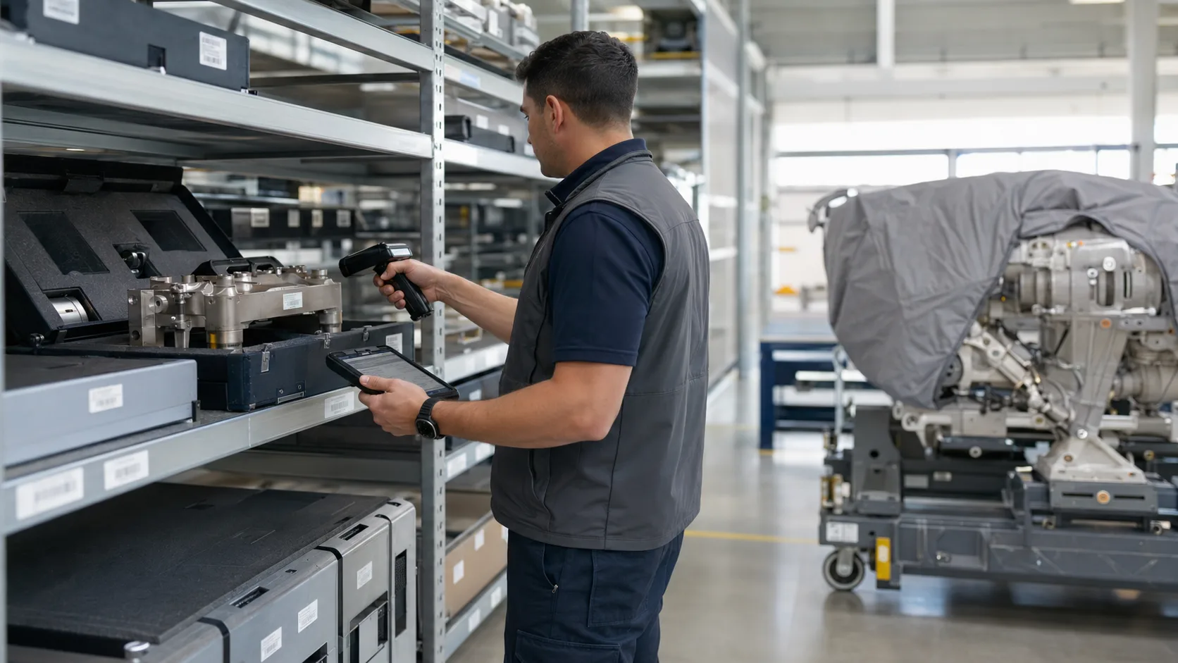 Technicien supply chain scannant un composant aéronautique de haute valeur dans un entrepôt, moteur d'avion sous housse en arrière-plan