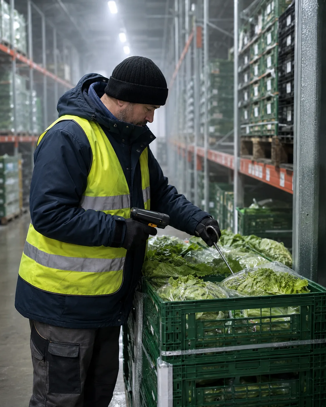 Contrôle qualité : relevé de température à cœur sur des salades en entrepôt frigorifique
